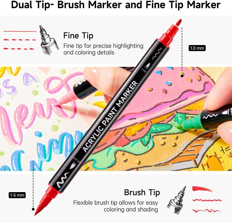 Shuttle Art Markers طلاء أكريليك مزدوجة الطرف بـ 60 لون، أقلام طلاء أكريليك بطرف فرشاة وطرف دقيق للصخور، السيراميك، الخشب، القماش، البلاستيك، الزجاج، الحجر، الخط، صناعة البطاقات، الحرف والفن على الأظافر - Image 3